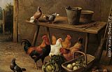 Edgar Hunt Canvas Paintings - Chickens and Pigeons in a Farmyard